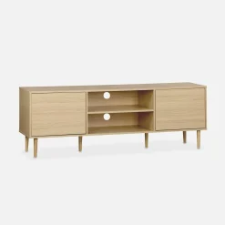 Mueble TV efecto madera con 2 niveles y 2 puertas,160cm