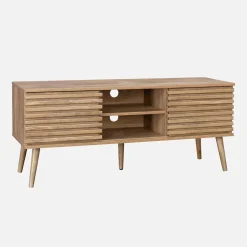 Mueble TV escandinavo 2 puertas con decoración madera acanalada, 120cm