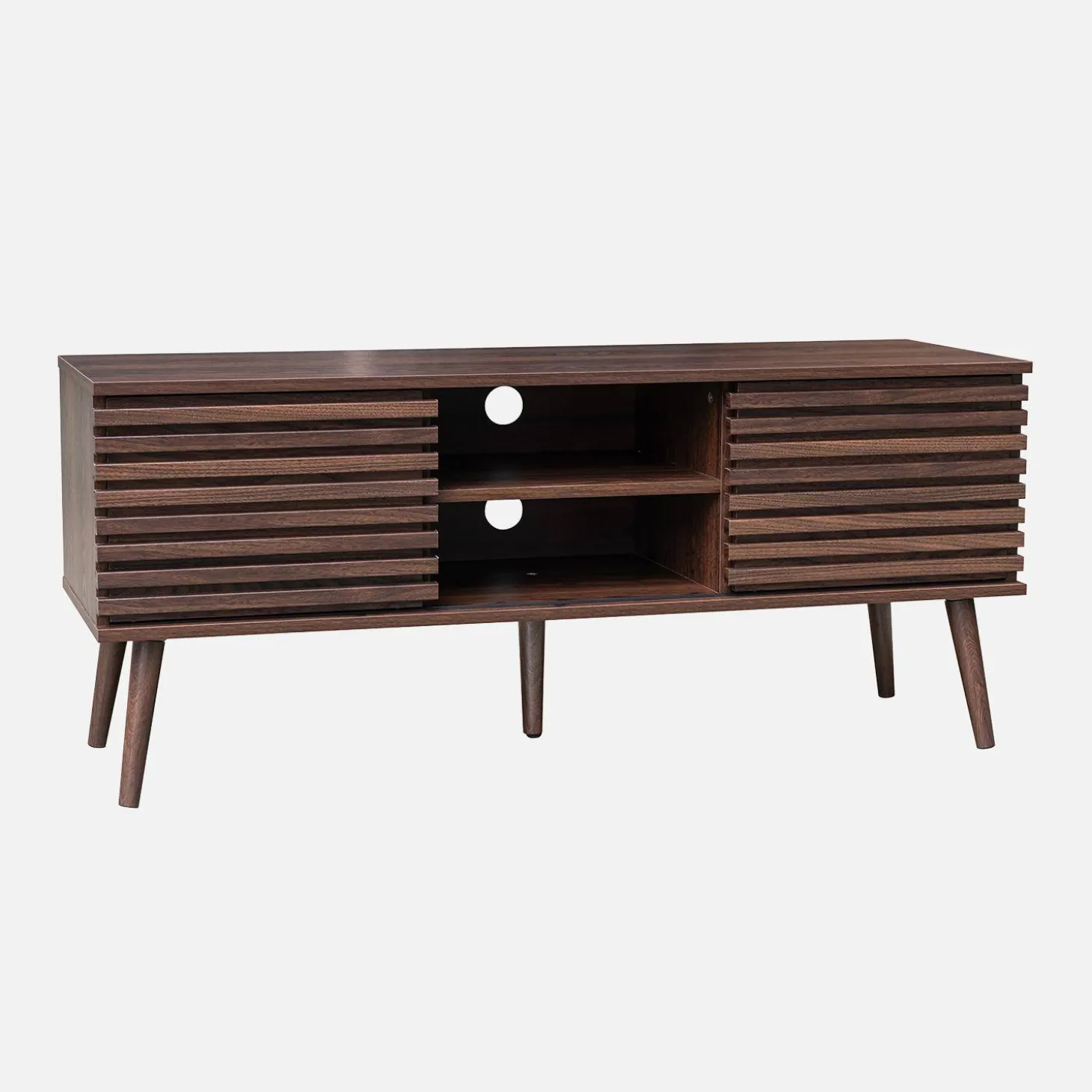 Mueble TV escandinavo 2 puertas con decoración madera acanalada, 120cm