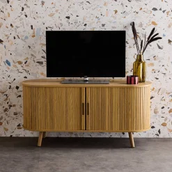 Mueble TV escandinavo con 2 puertas correderas acanaladas efecto madera, 120cm