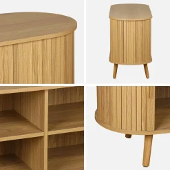 Mueble TV escandinavo con 2 puertas correderas acanaladas efecto madera, 120cm