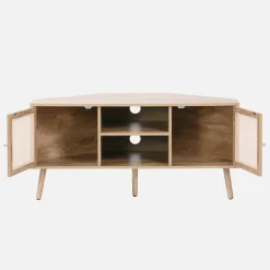 Mueble TV esquinero, madera y caña, 2 puertas, 1 estante, 115cm
