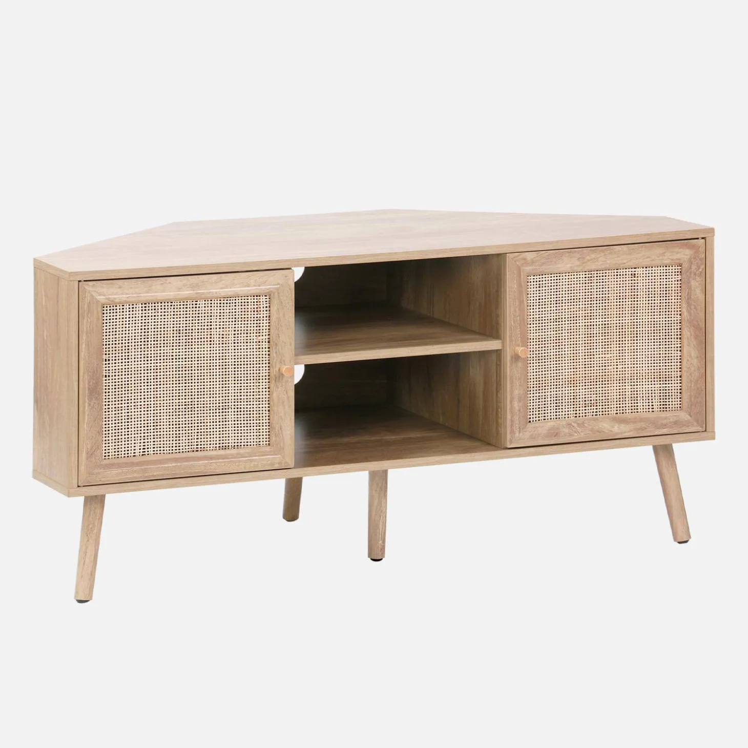Mueble TV esquinero, madera y caña, 2 puertas, 1 estante, 115cm