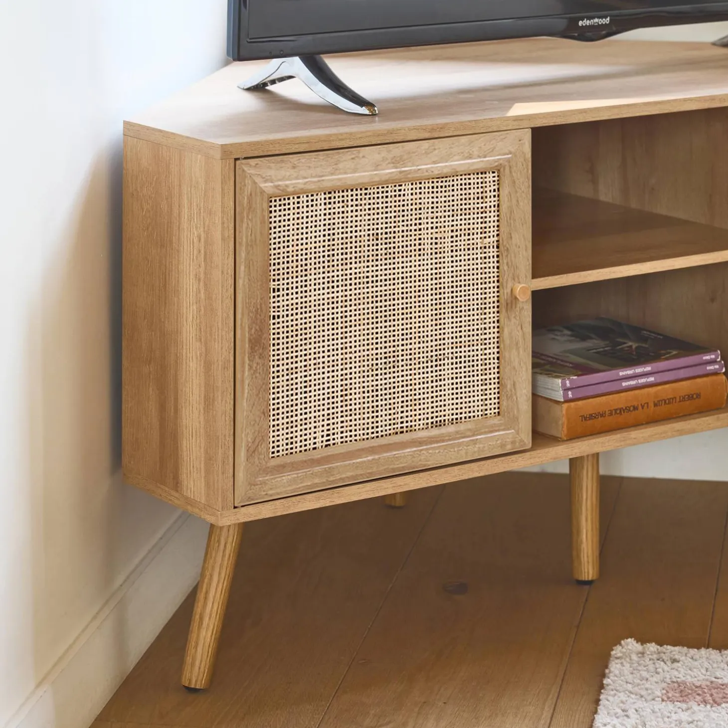 Mueble TV esquinero, madera y caña, 2 puertas, 1 estante, 115cm