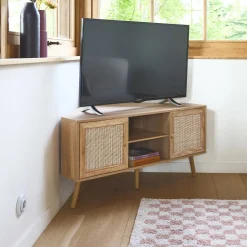 Mueble TV esquinero, madera y caña, 2 puertas, 1 estante, 115cm