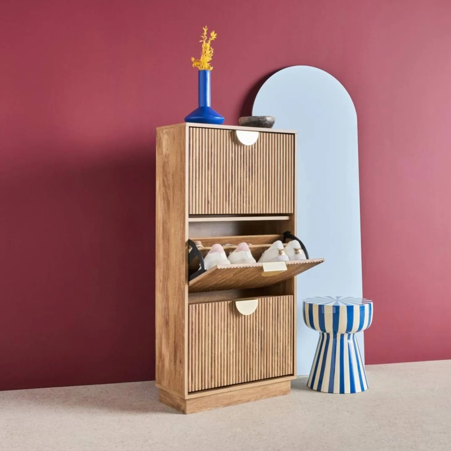 Mueble zapatero con efecto ranurado, 3 cajones