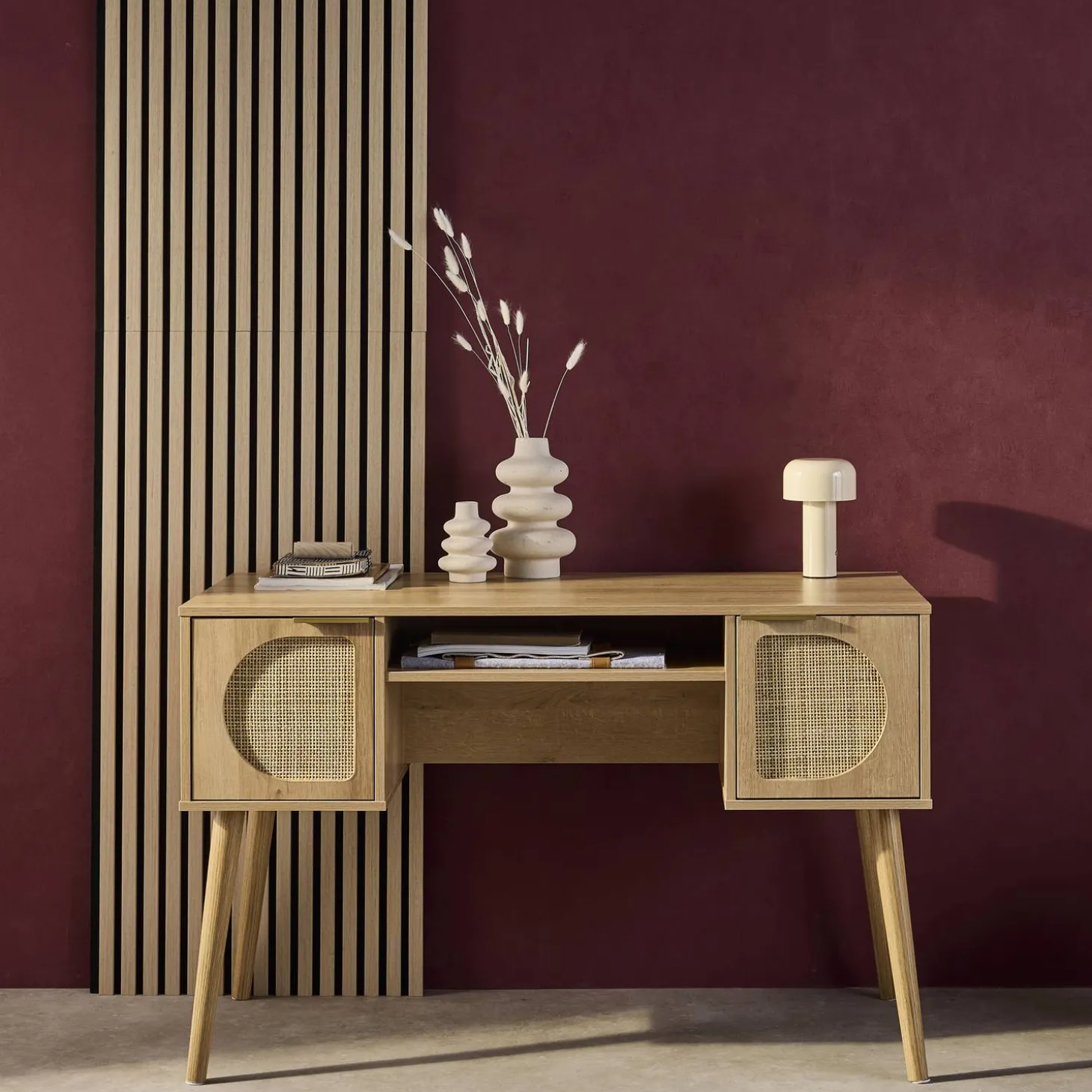 Oficina efecto madera y mimbre, 2 cajones