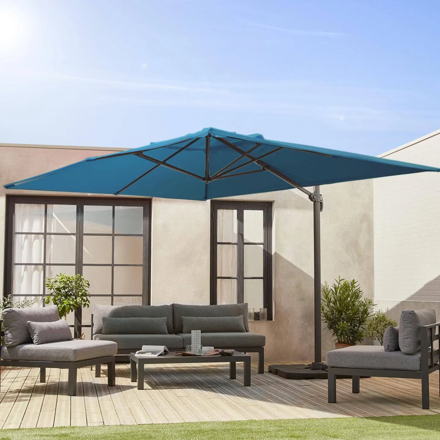 Parasol rectangular excéntrico, 3x4m + losas 50x50cm