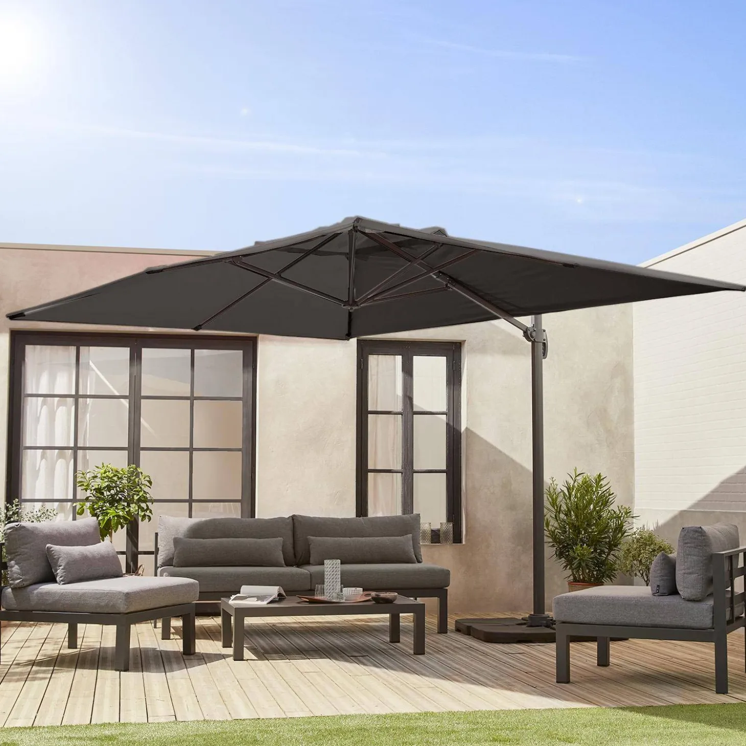 Parasol rectangular excéntrico, 3x4m + losas 50x50cm