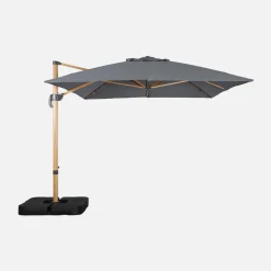 Parasol rectangular excéntrico poste efecto madera, 3x4m + placas de lastre 50x50cm