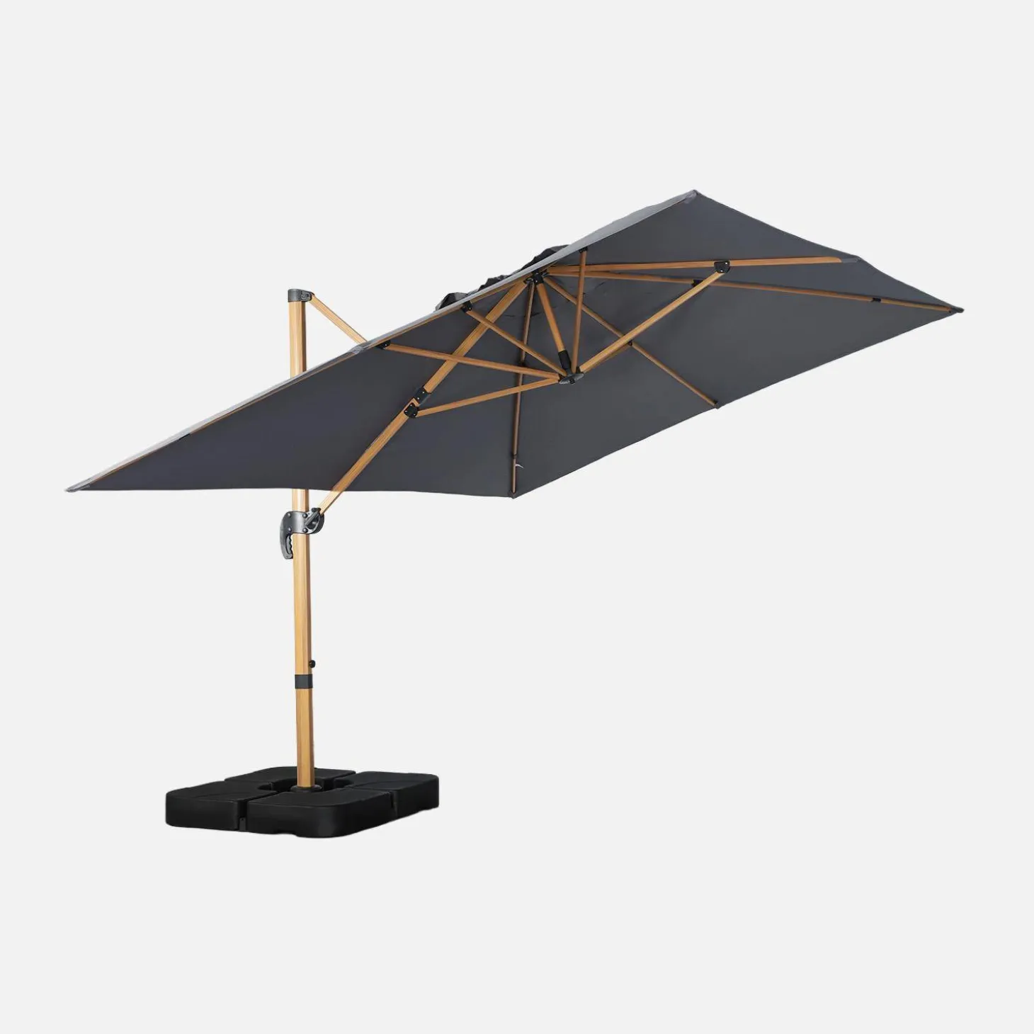 Parasol rectangular excéntrico poste efecto madera, 3x4m + placas de lastre 50x50cm