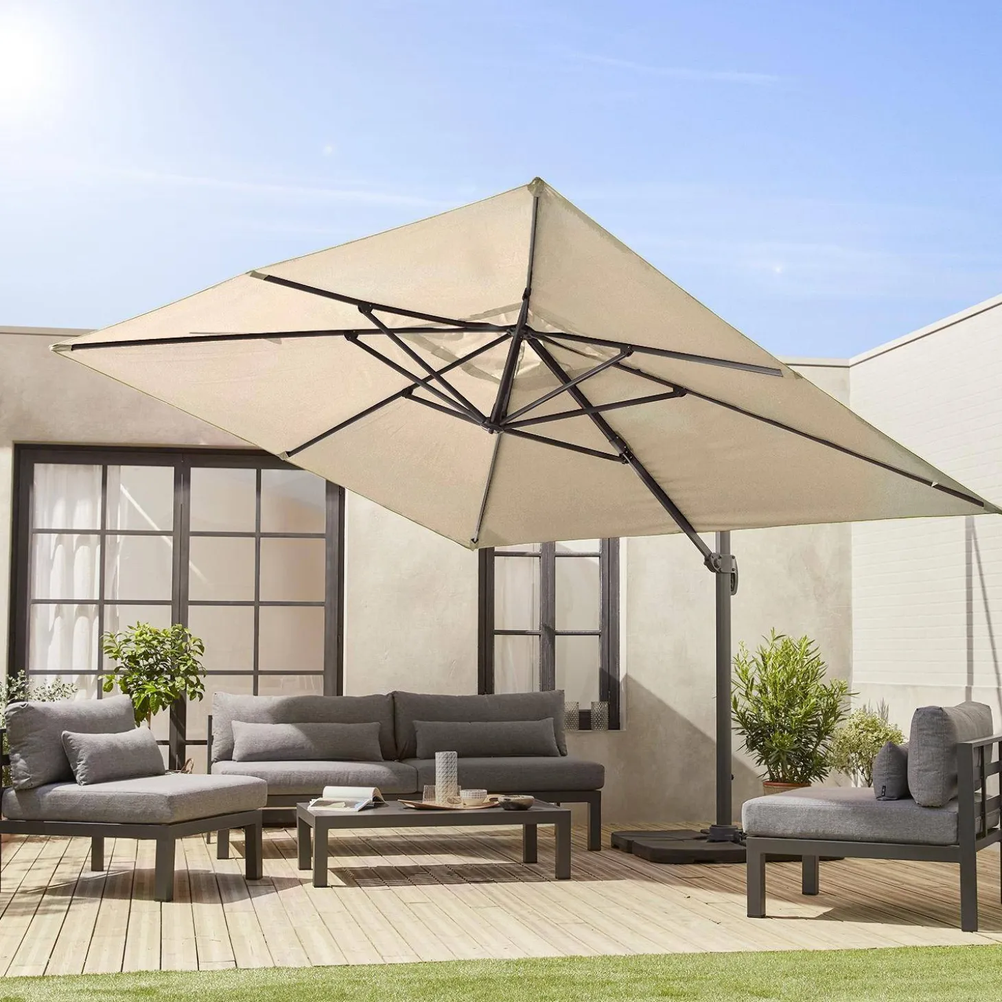 Parasol rectangular excéntrico, 3x4m + losas 50x50cm