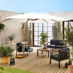 Parasol rectangular excéntrico poste efecto madera, 3x4m + placas de lastre 50x50cm