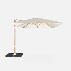 Parasol rectangular excéntrico poste efecto madera, 3x4m + placas de lastre 50x50cm
