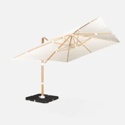 Parasol rectangular excéntrico poste efecto madera, 3x4m + placas de lastre 50x50cm