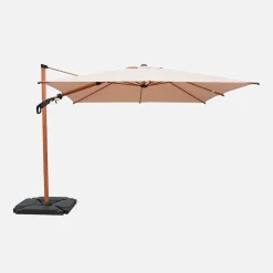 Parasol rectangular excéntrico poste efecto madera, 3x3m + losas 50x50cm
