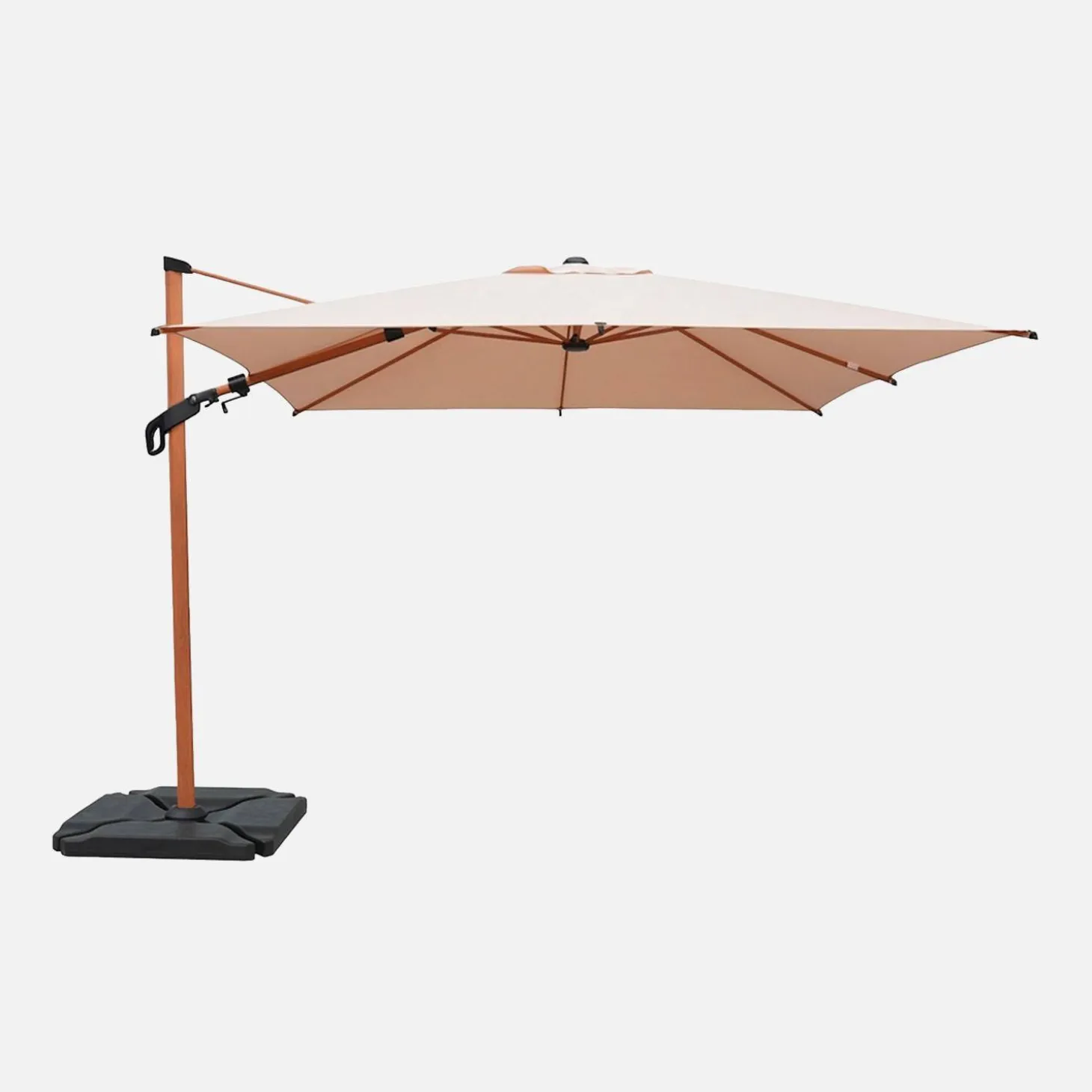 Parasol rectangular excéntrico poste efecto madera, 3x3m + losas 50x50cm
