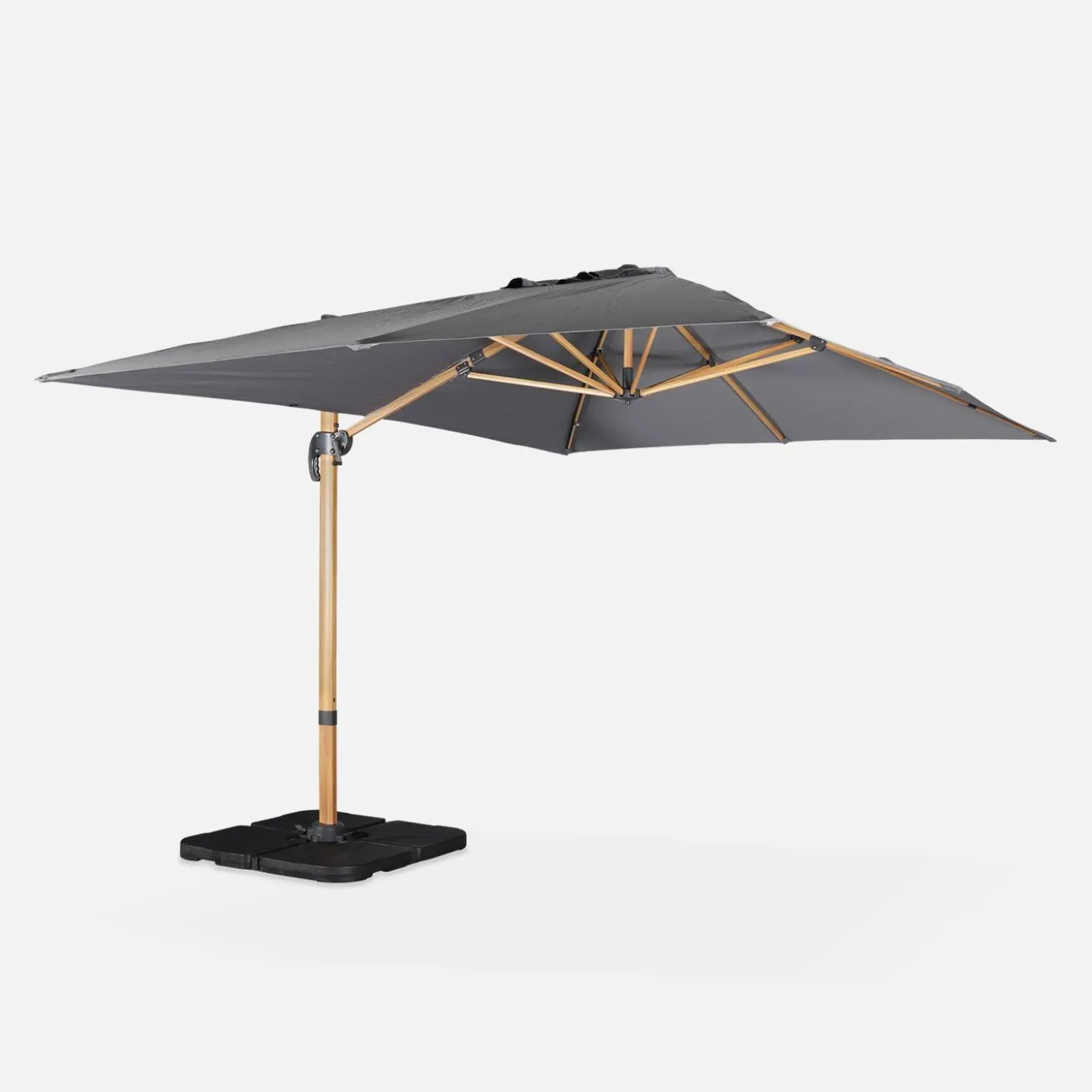 Parasol rectangular excéntrico poste efecto madera, 3x4m + placas de lastre 50x50cm