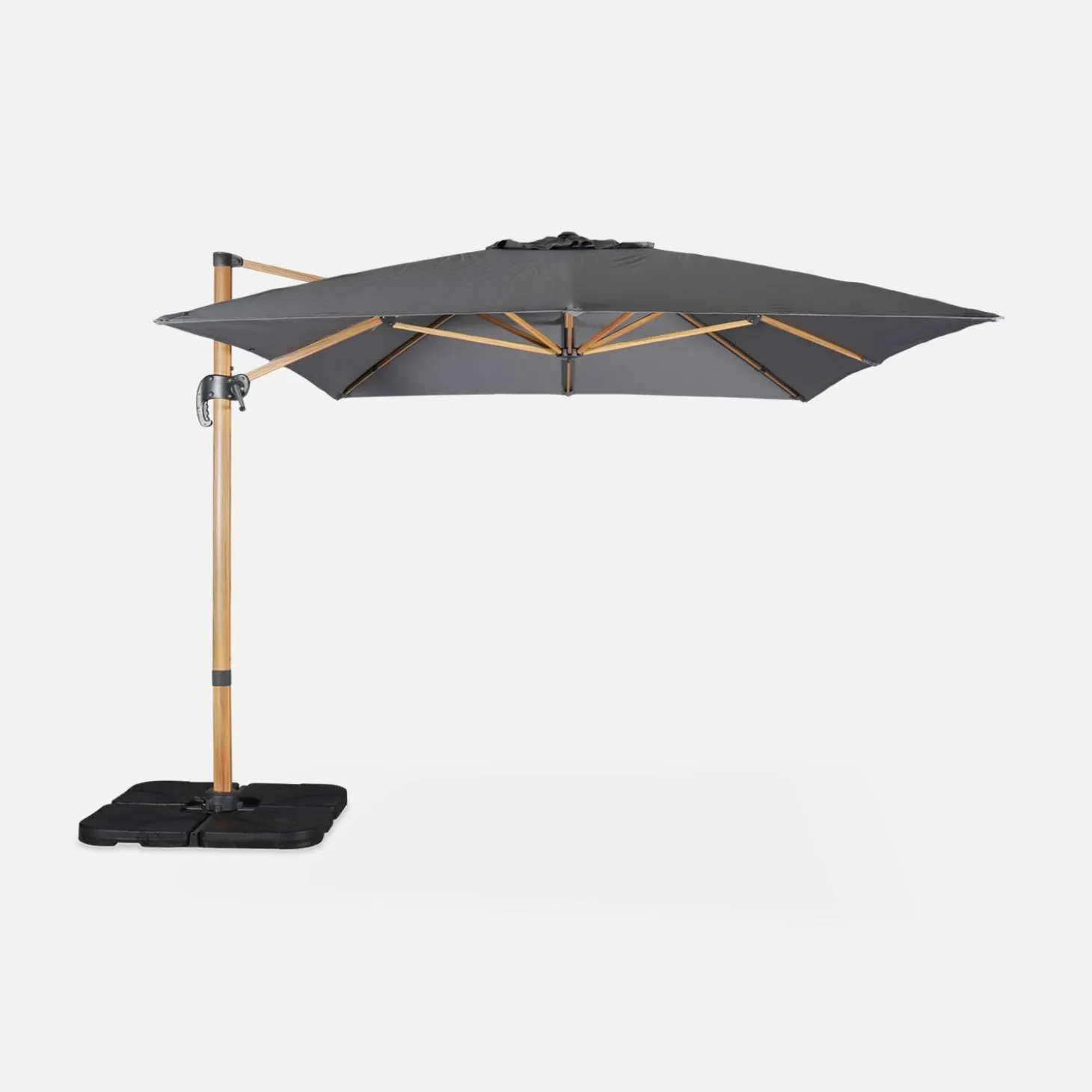 Parasol rectangular excéntrico poste efecto madera, 3x4m + placas de lastre 50x50cm