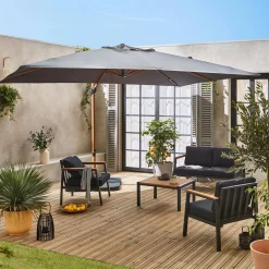 Parasol rectangular excéntrico poste efecto madera, 3x4m + placas de lastre 50x50cm