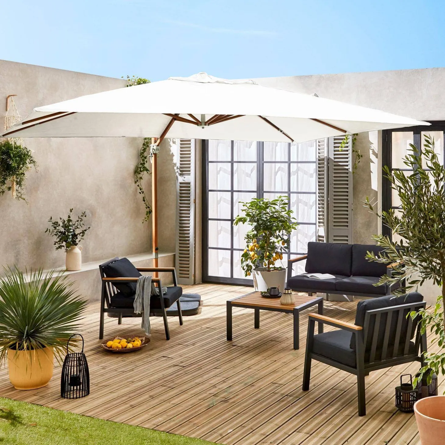 Parasol rectangular poste efecto madera, 3x4m