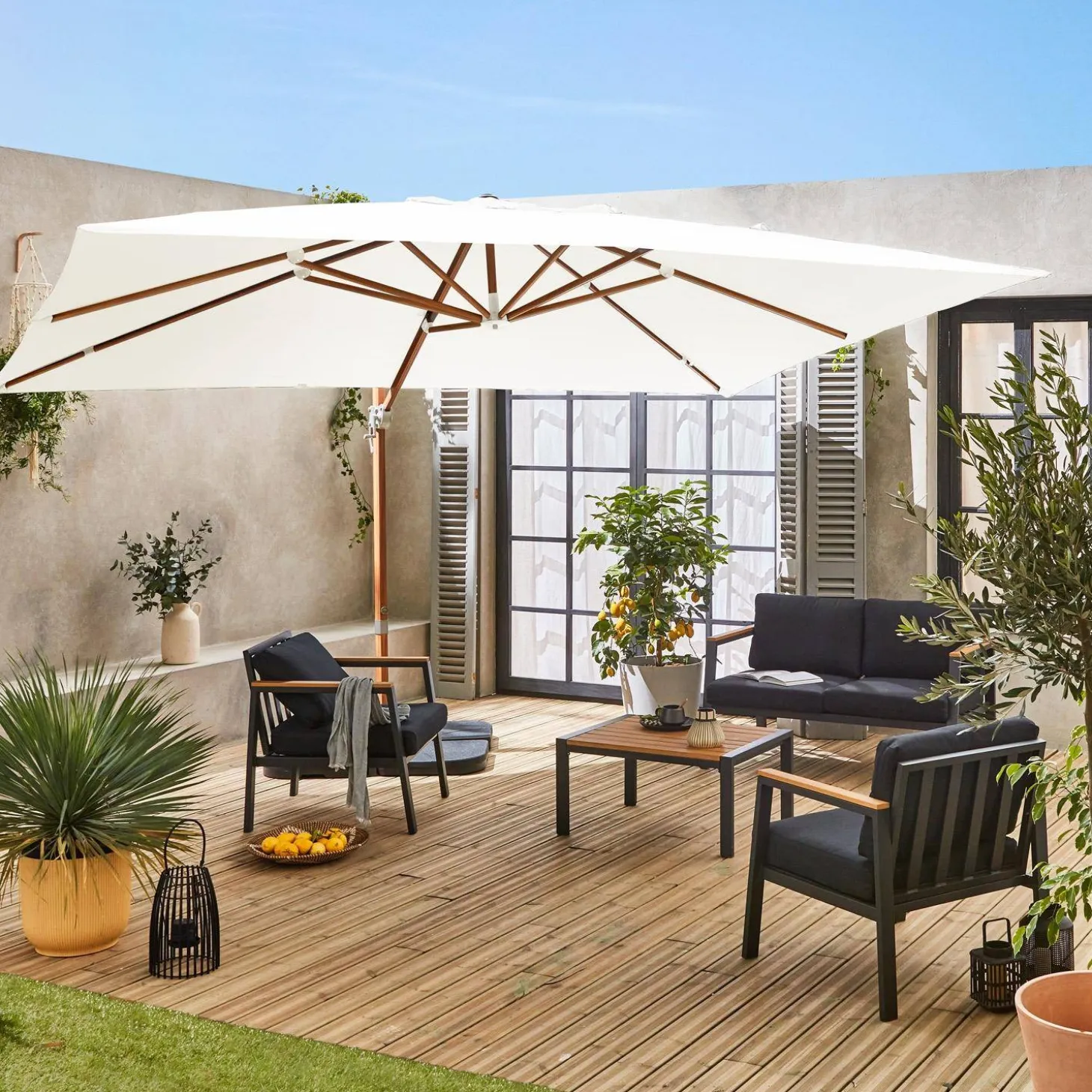 Parasol rectangular poste efecto madera, 3x4m