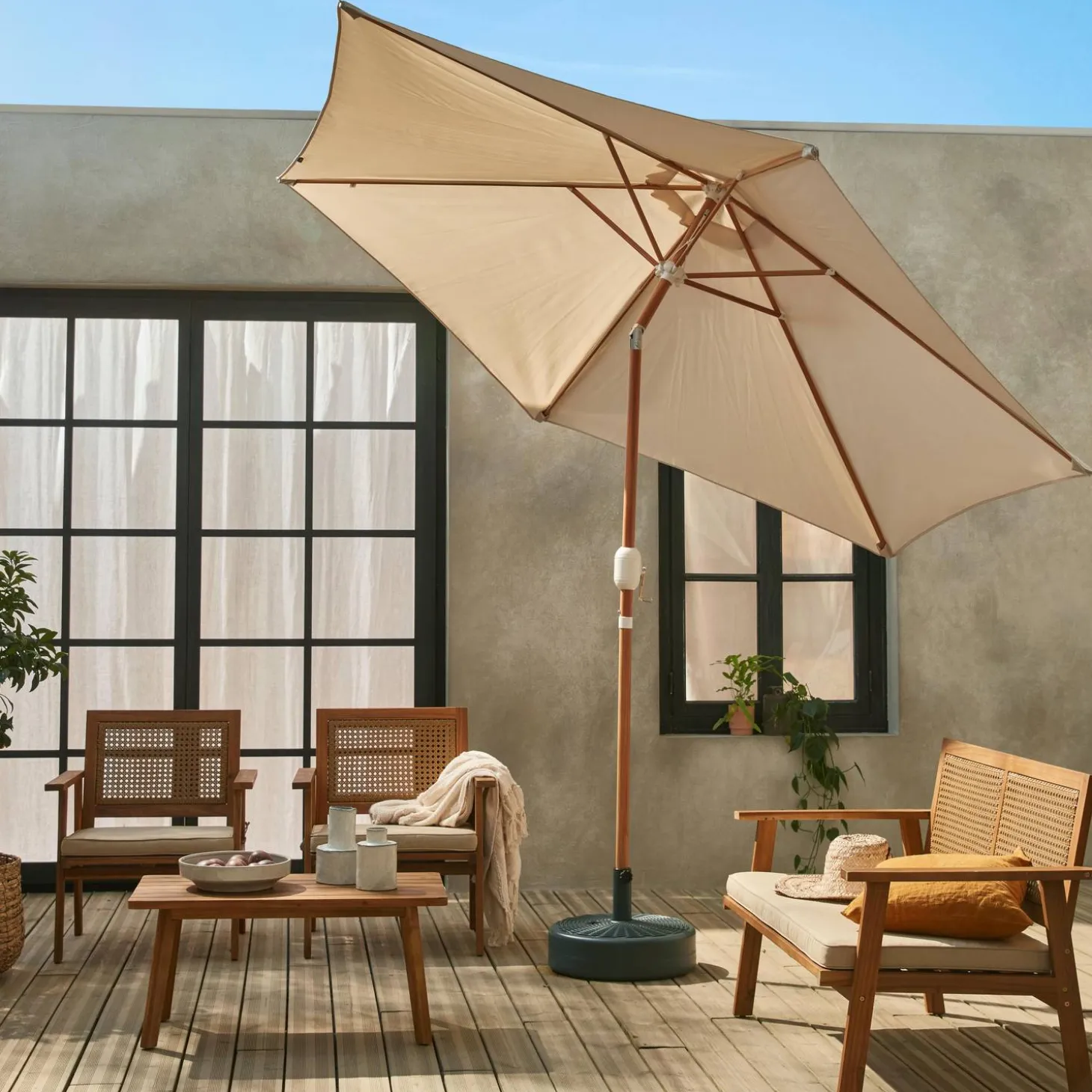 Parasol rectangular poste efecto madera, 3x3m