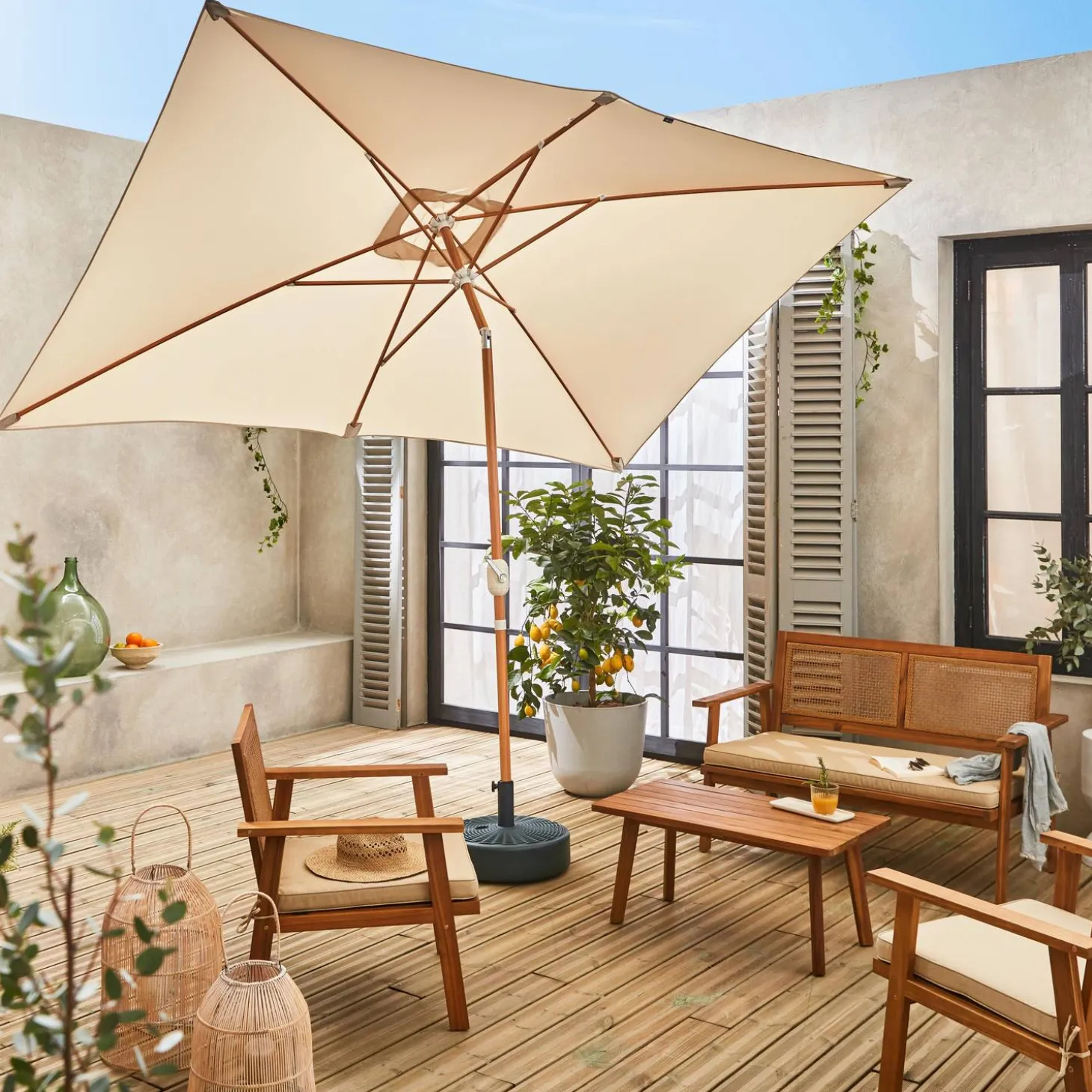 Parasol rectangular poste efecto madera, 2x3m
