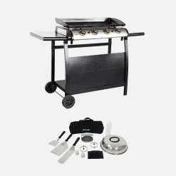 Plancha de gas 4 quemadores de acero inoxidable con carrito y utensilios, 10kW