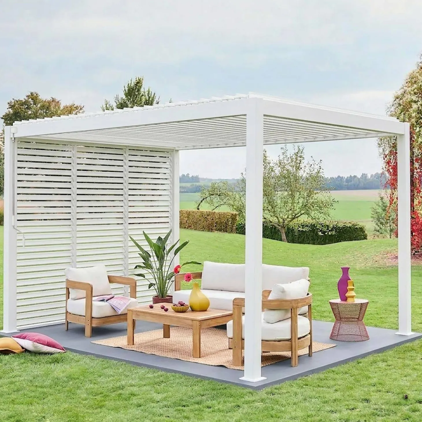 Pérgola bioclimática de aluminio 3x4m + 3 persianas de 1m