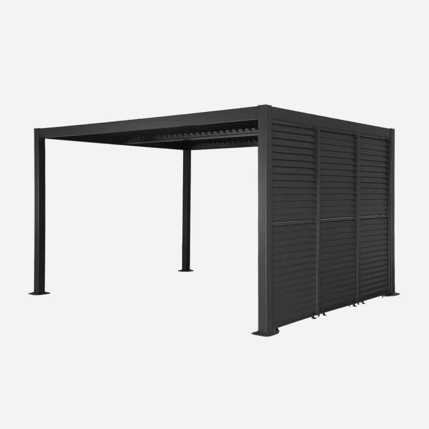 Pérgola bioclimática de aluminio y acero 3x4m + 3 persianas de 1m con lamas orientables
