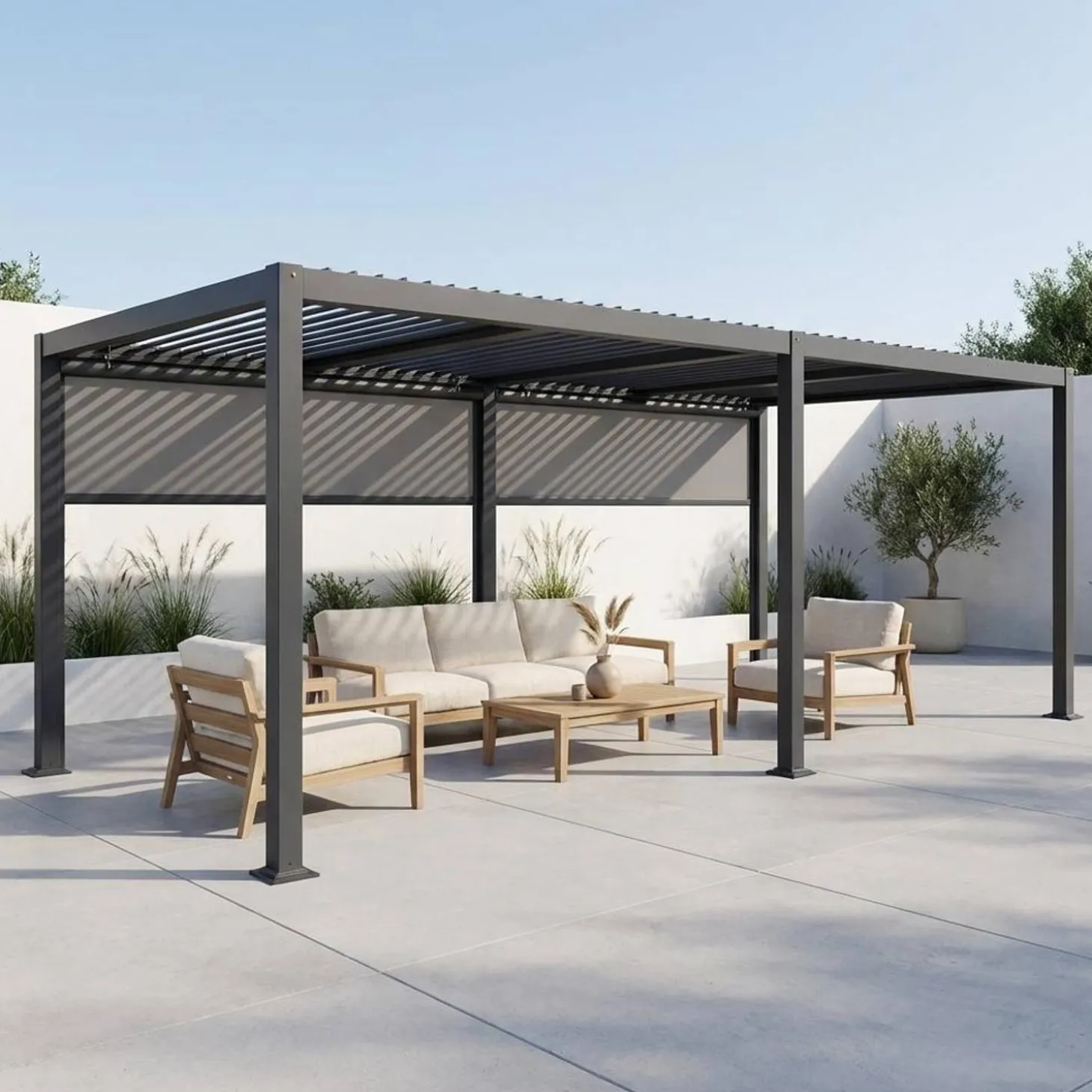 Pérgola bioclimática de aluminio y acero 3x6m con 2 toldos de 3m