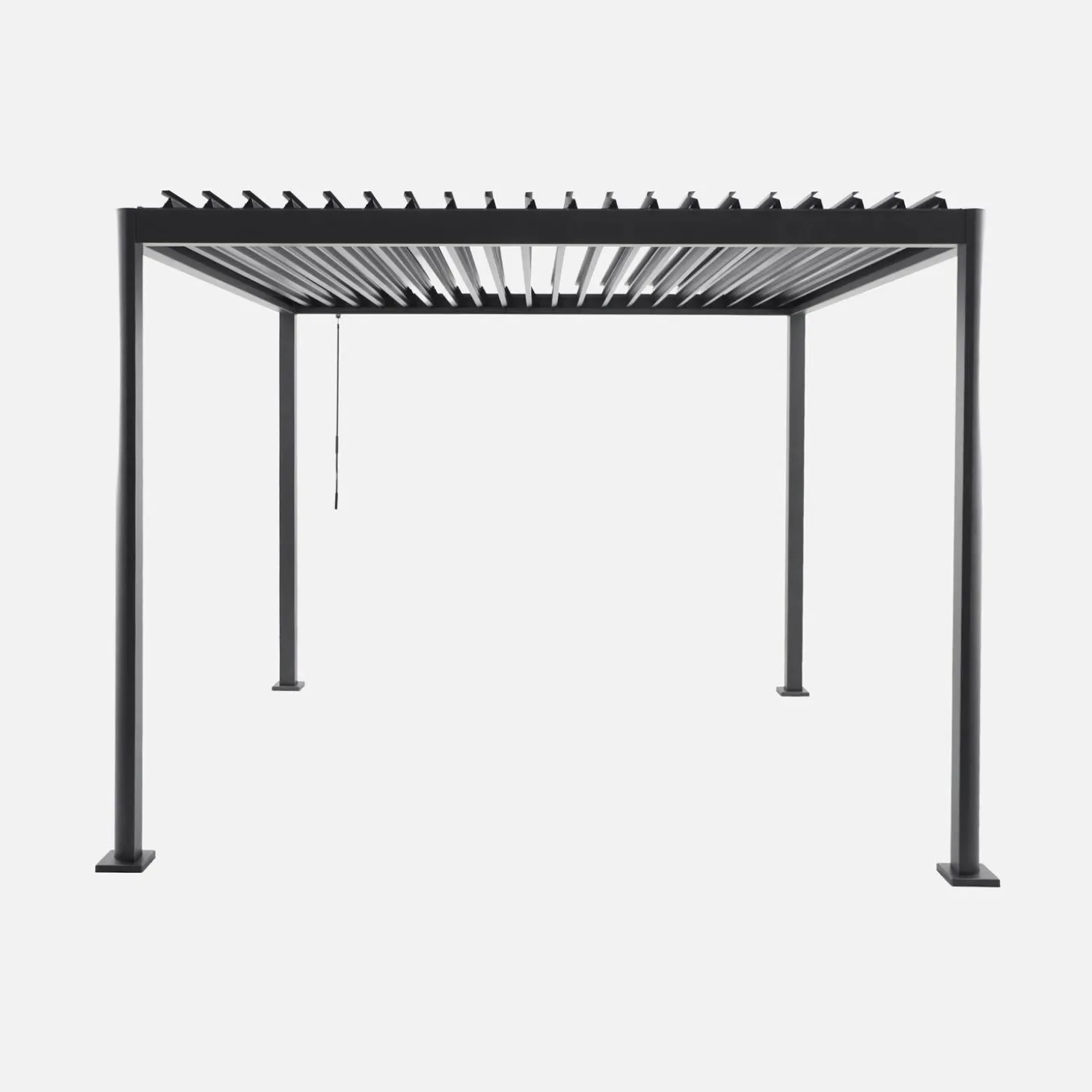 Pérgola bioclimática 3x3m de aluminio y acero con lamas orientables y pies redondeados