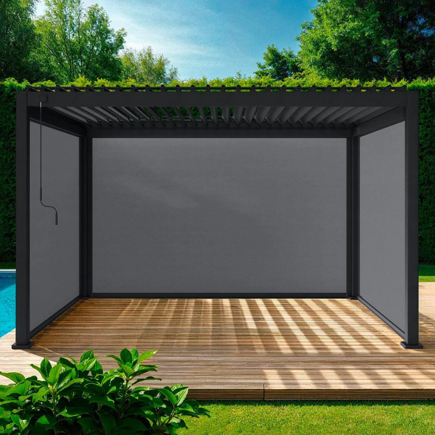 Pérgola bioclimática 3x4m de aluminio + 2 toldos de 3m + 1 toldo de 4m