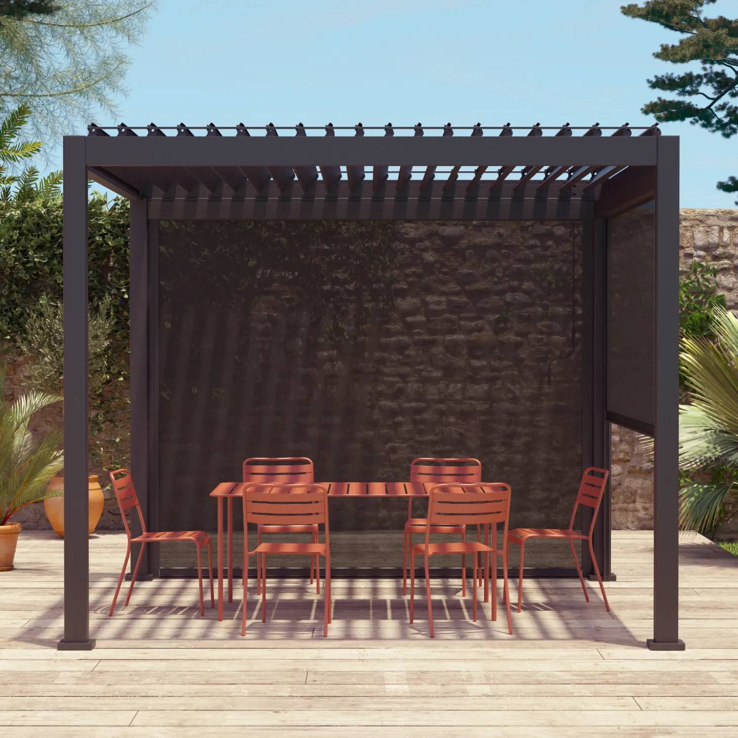 Pérgola bioclimática 3x3m V2 + 2 toldos verticales de 3m