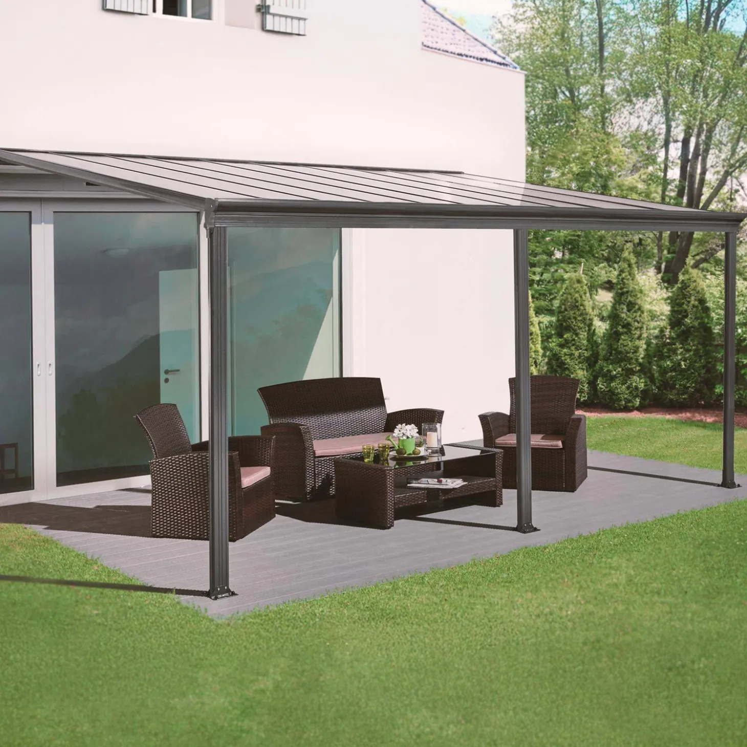 Pérgola cochera de aluminio con canalón integrado, 3x5m