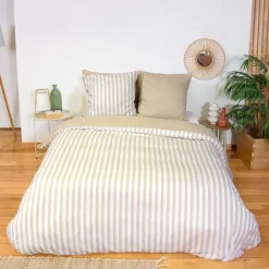 Ropa de cama de microfibra reversible con rayas beige, 2 plazas