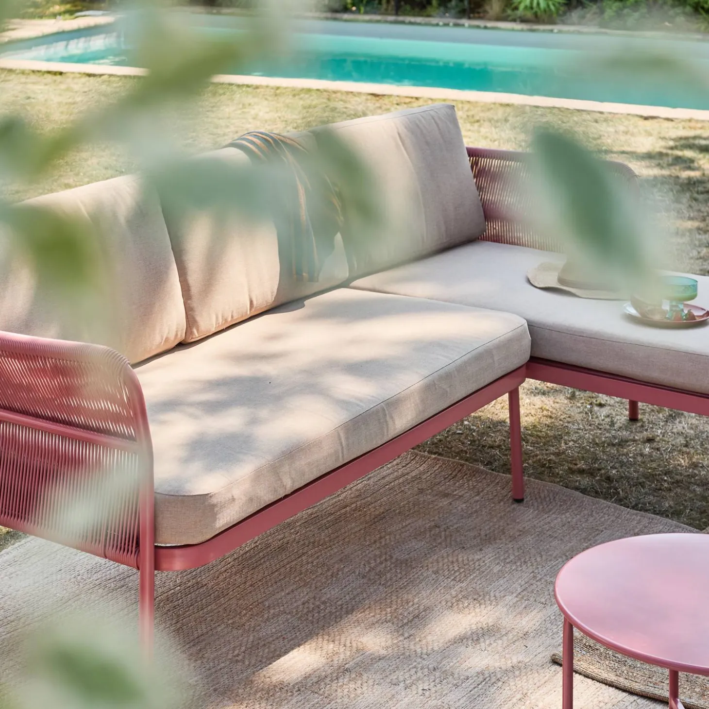 Salón de muebles de jardín de esquina de acero y cuerdas, 4 plazas