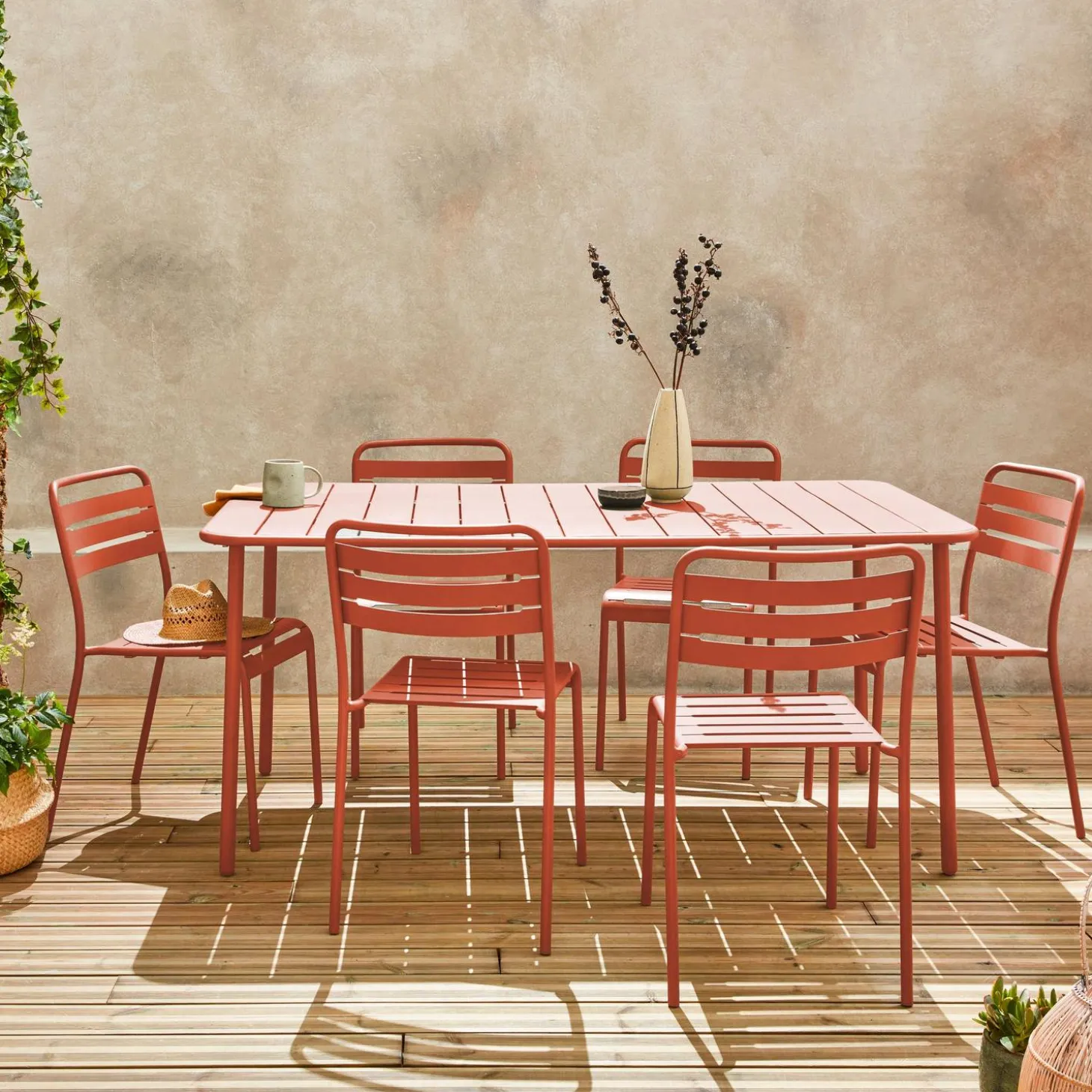 Set mesa de jardín bistró de acero con 6 sillas, 160cm