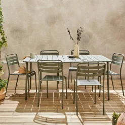 Set mesa de jardín bistró de acero con 6 sillas, 160cm