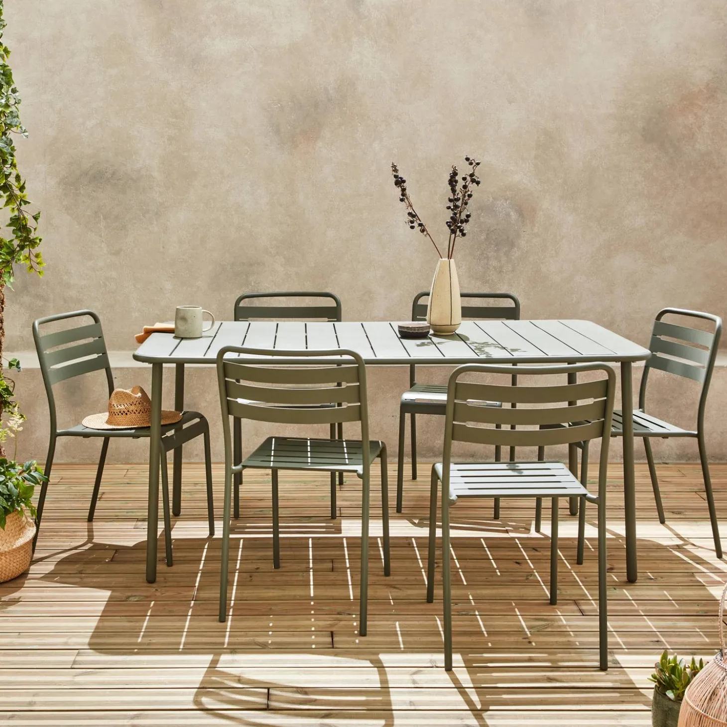 Set mesa de jardín bistró de acero con 6 sillas, 160cm