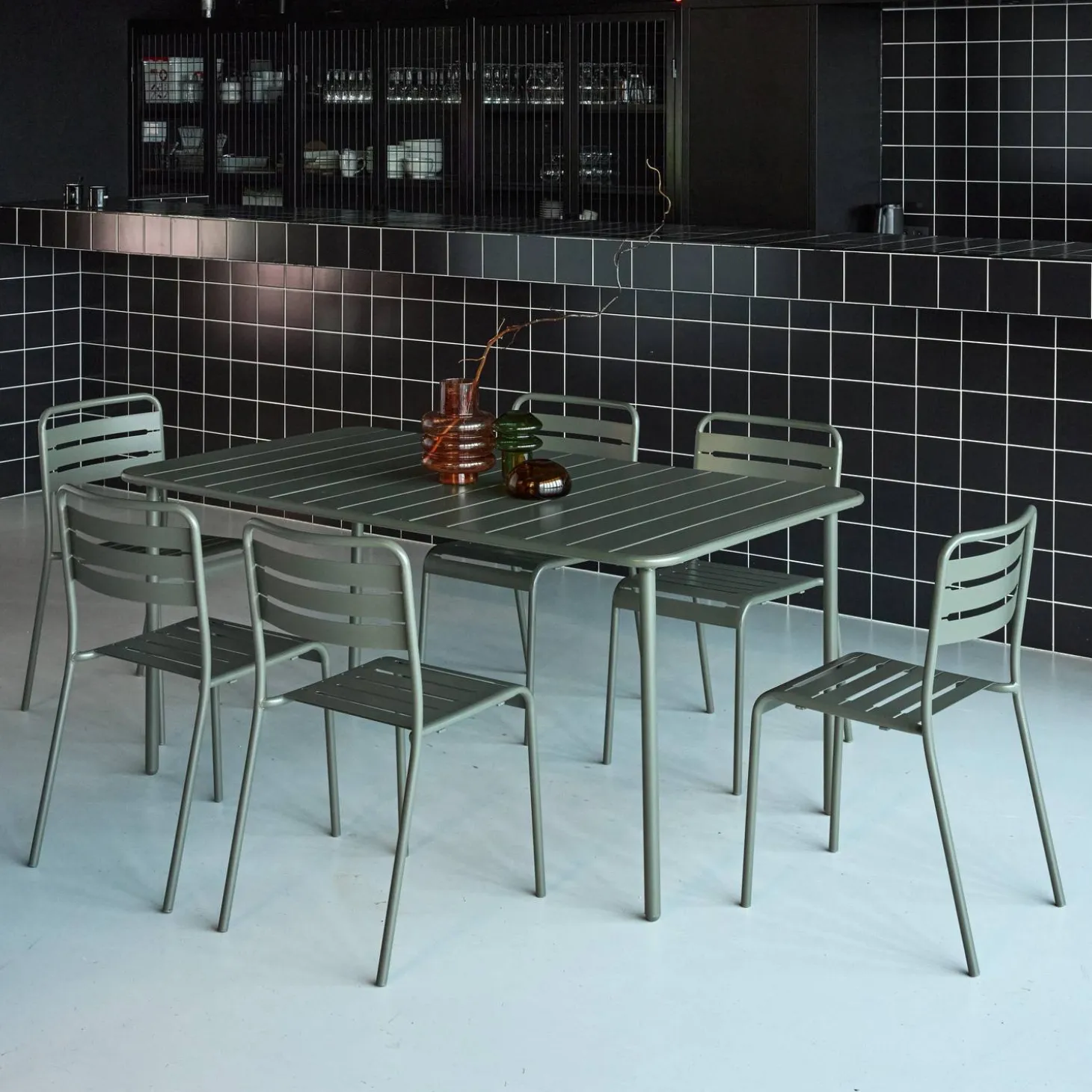 Set mesa de jardín bistró de acero con 6 sillas, 160cm