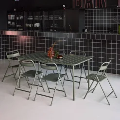 Set mesa de jardín bistró de acero con 6 sillas plegables, 160cm