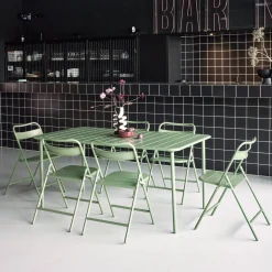 Set mesa de jardín bistró de acero con 6 sillas plegables, 160cm