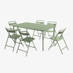 Set mesa de jardín bistró de acero con 6 sillas plegables, 160cm