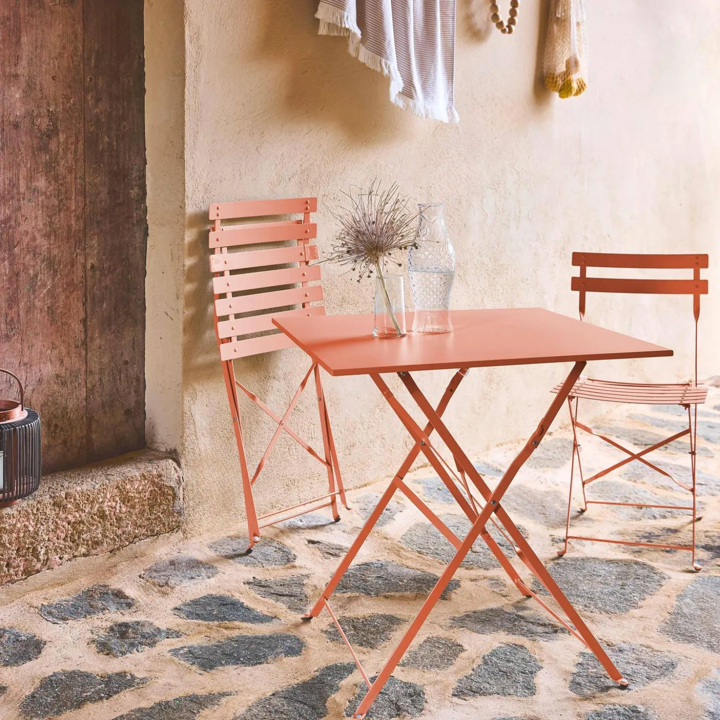 Set mesa de jardín bistró plegable de acero con 2 sillas, 70cm