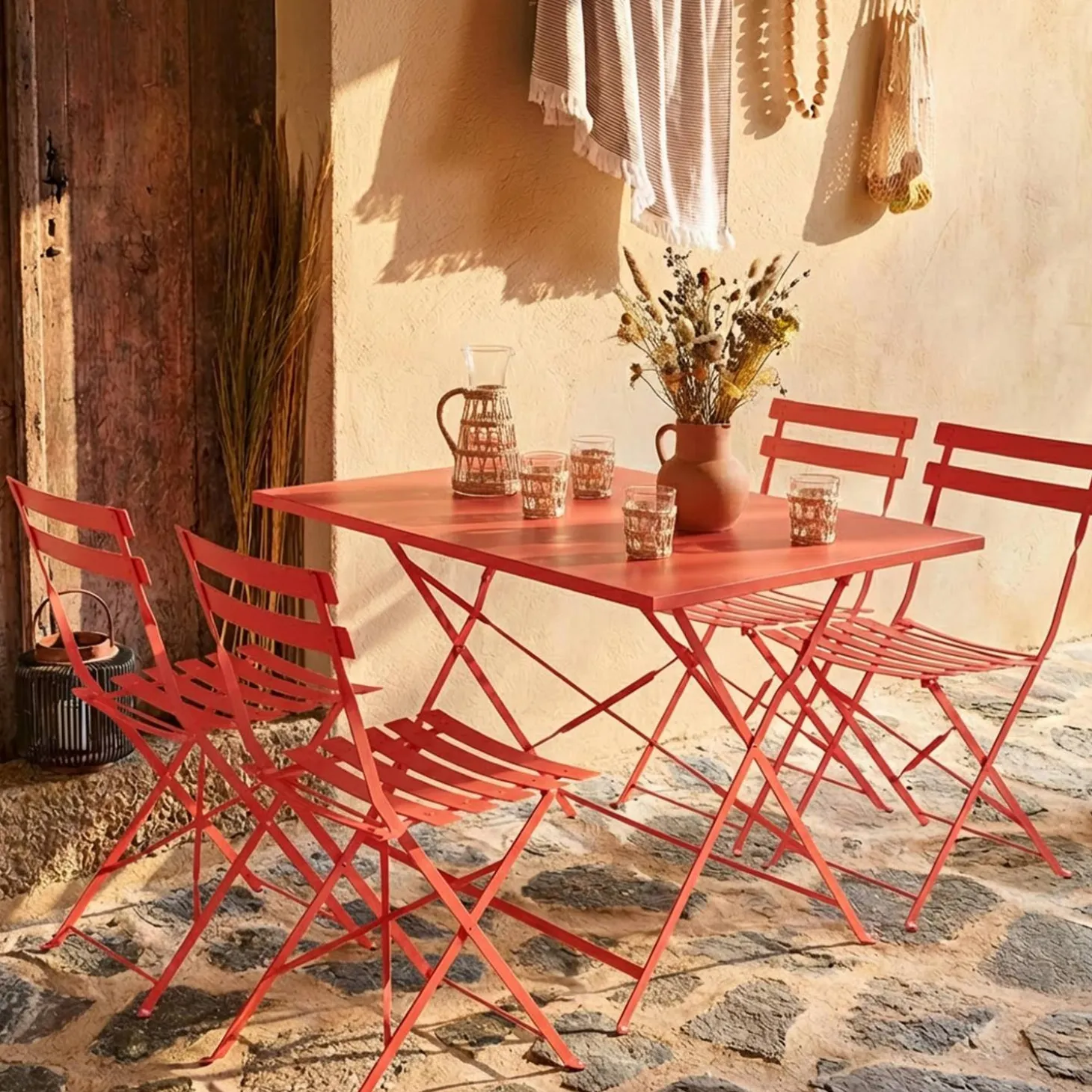 Set mesa de jardín bistró plegable de acero con 4 sillas, 110cm
