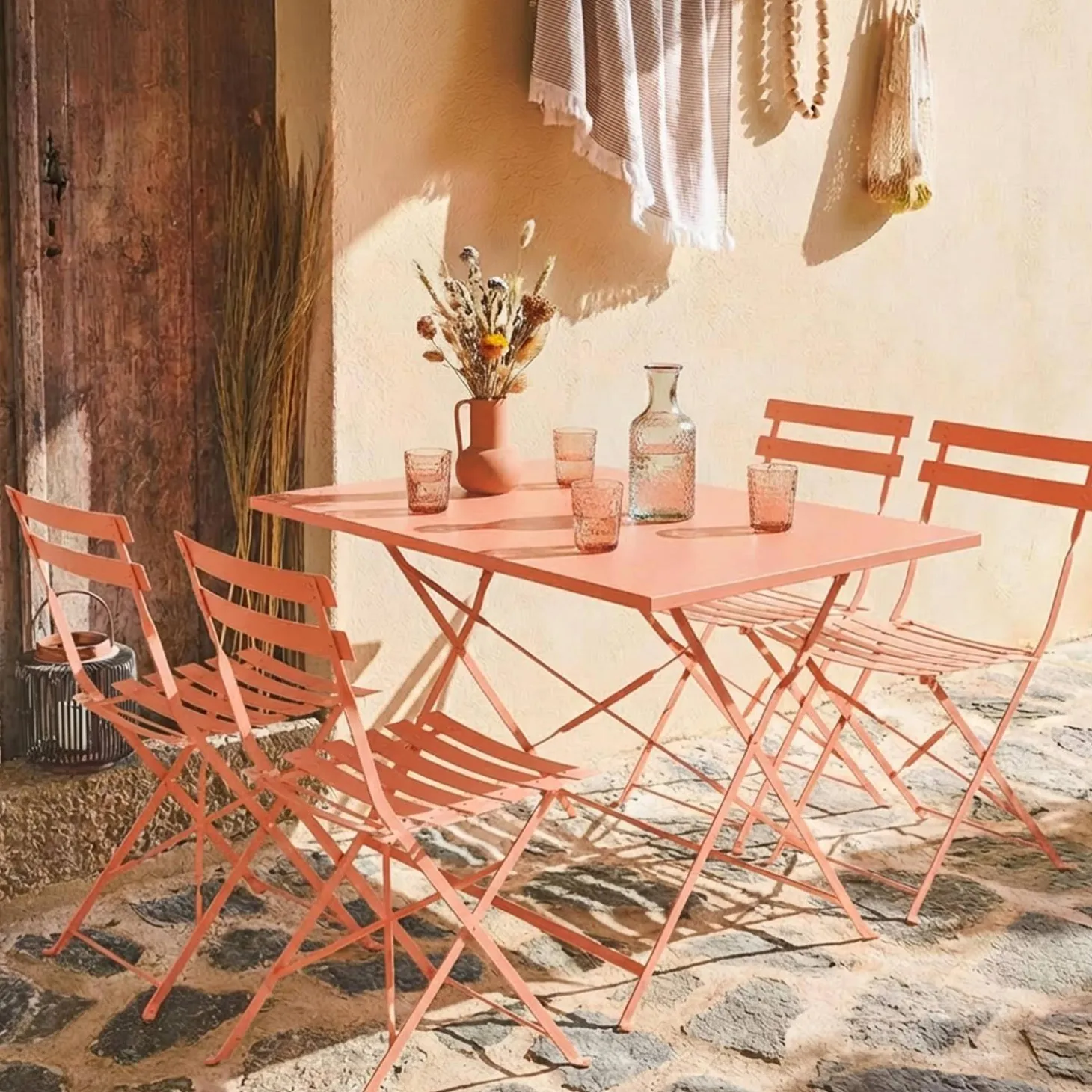 Set mesa de jardín bistró plegable de acero con 4 sillas, 110cm