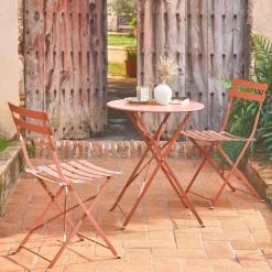 Set mesa de jardín bistró plegable de acero con 2 sillas, ø60cm