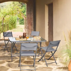 Set mesa de jardín plegable de textileno y acero con 4 sillas